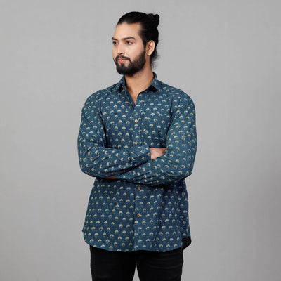 Blue - Ajrakh Block Printed Cotton Men Full Sleeve Shirt
