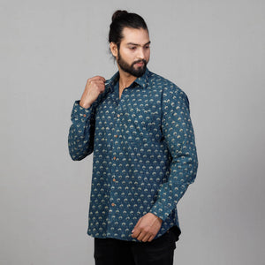 Blue - Ajrakh Block Printed Cotton Men Full Sleeve Shirt