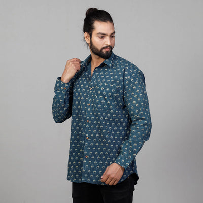 Blue - Ajrakh Block Printed Cotton Men Full Sleeve Shirt