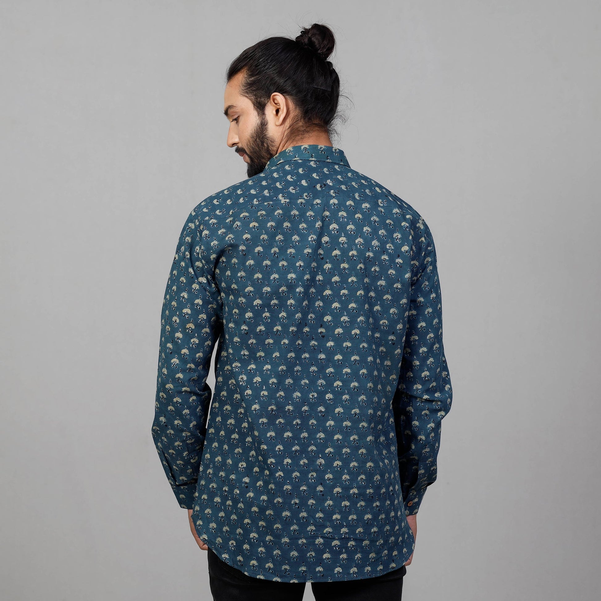 Blue - Ajrakh Block Printed Cotton Men Full Sleeve Shirt