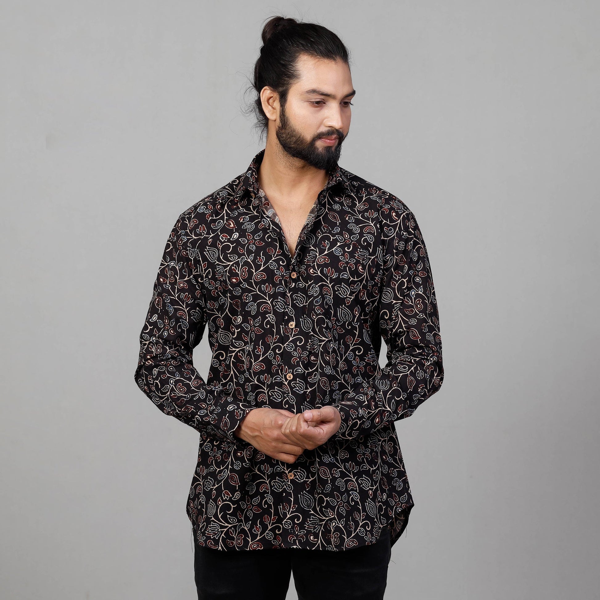 Black - Ajrakh Block Printing Cotton Men Full Sleeve Shirt