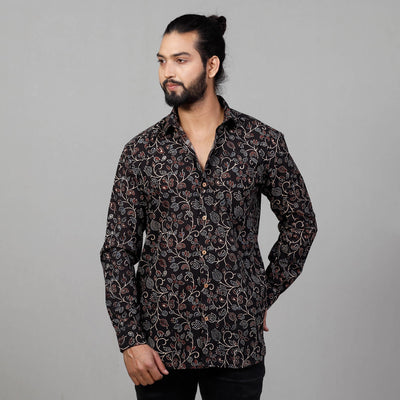 Black - Ajrakh Block Printing Cotton Men Full Sleeve Shirt