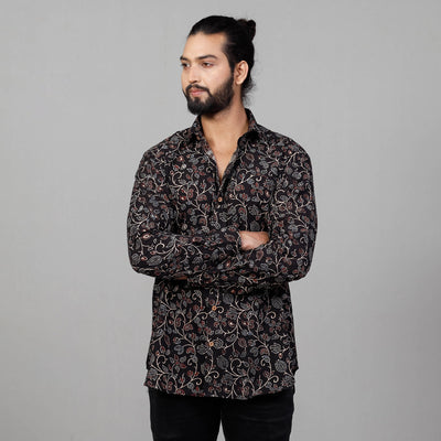 Black - Ajrakh Block Printing Cotton Men Full Sleeve Shirt
