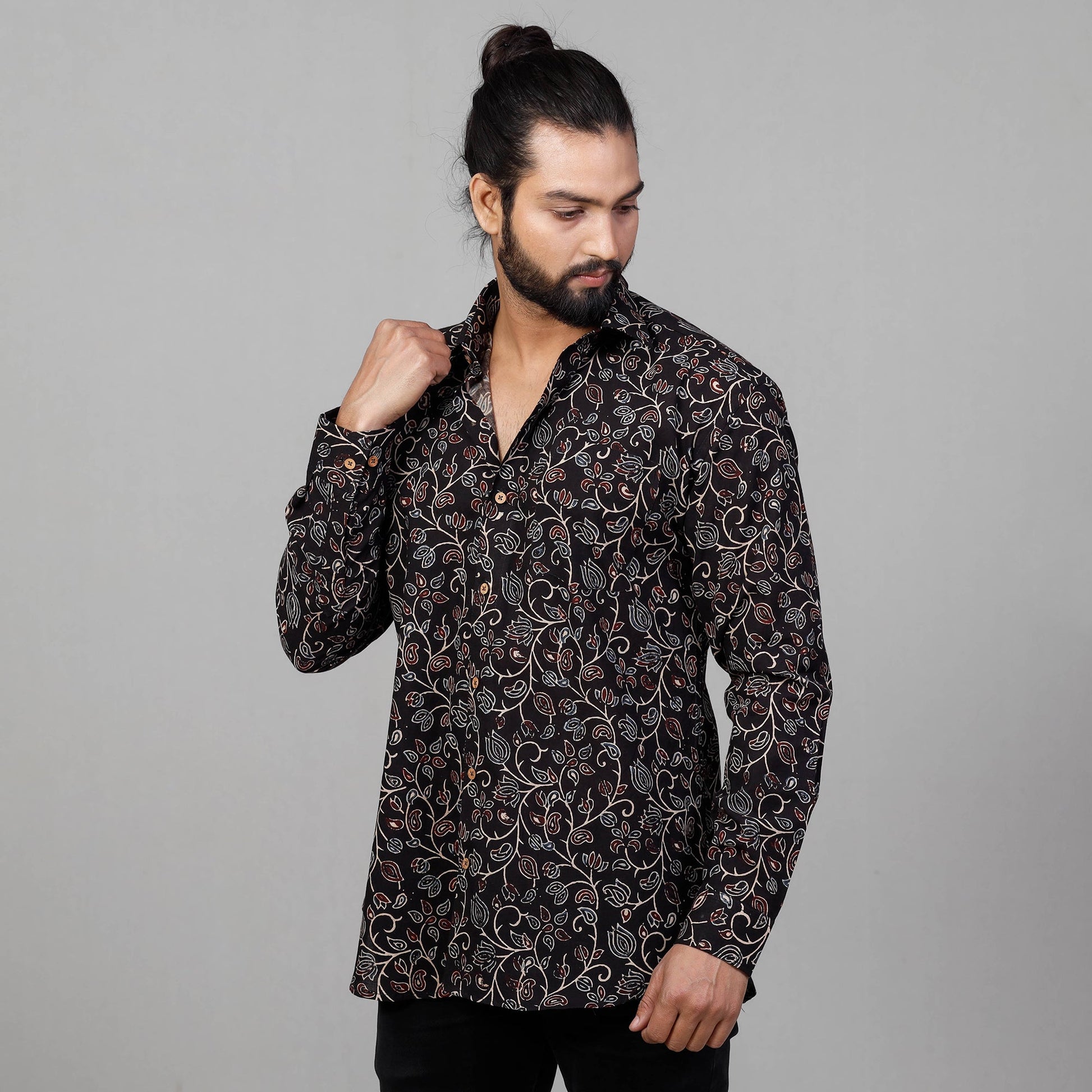 Black - Ajrakh Block Printing Cotton Men Full Sleeve Shirt