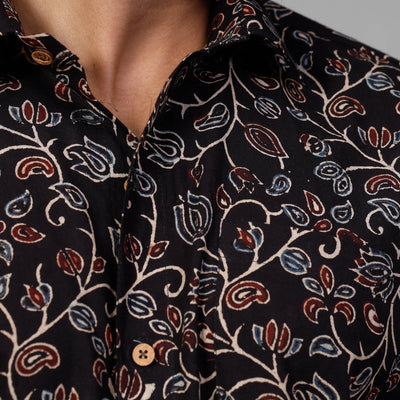 Black - Ajrakh Block Printing Cotton Men Full Sleeve Shirt