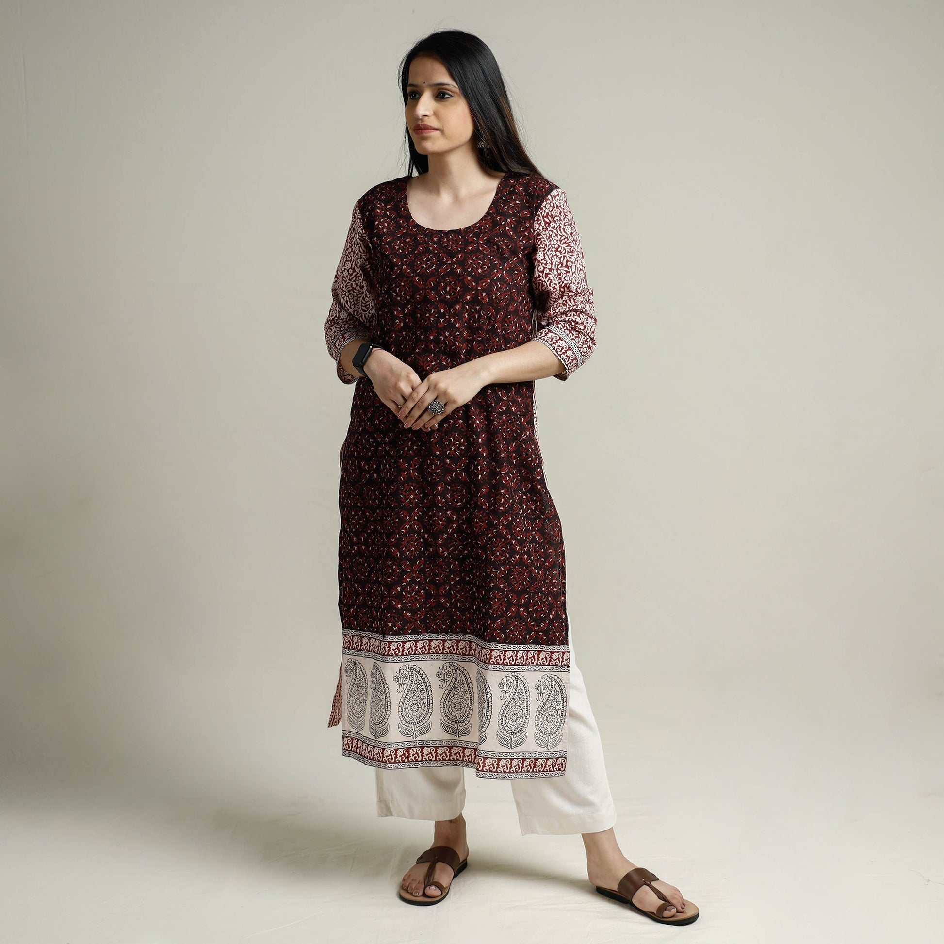 Brown - Block Print Cotton Straight Bagh Kurta
