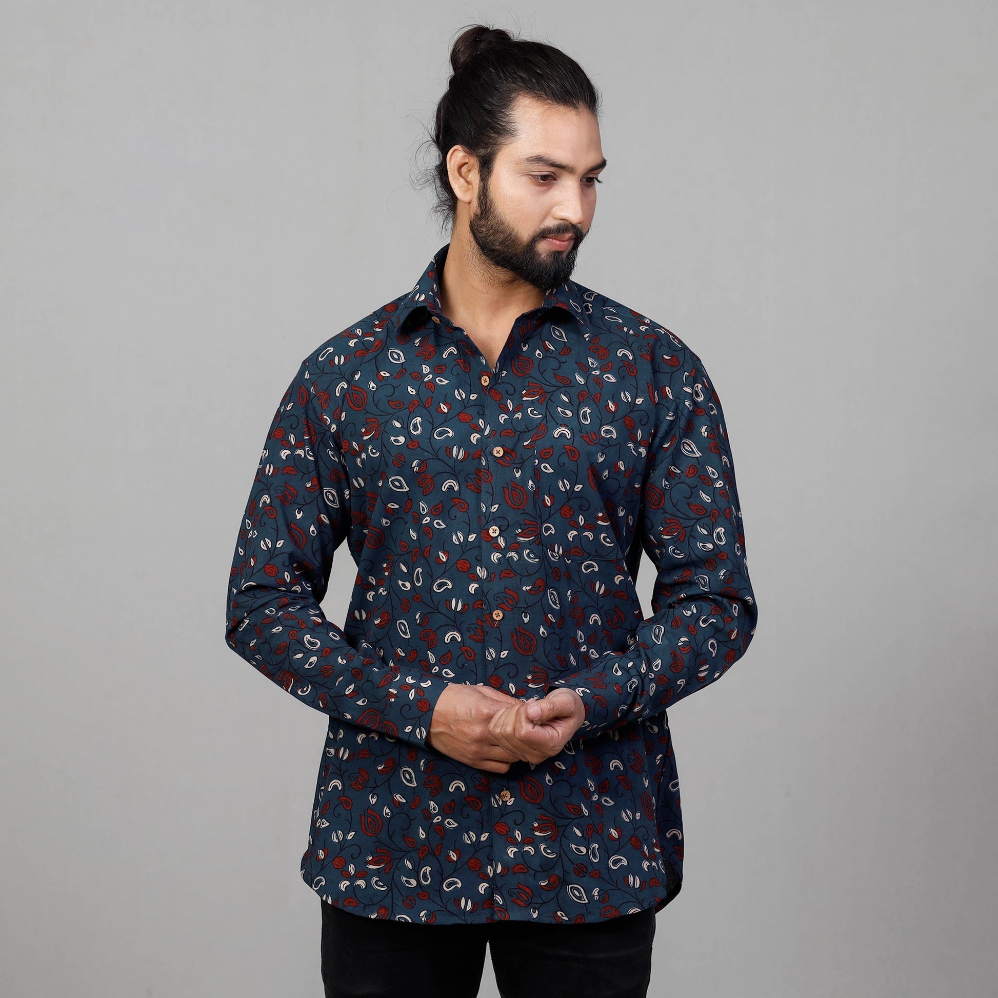 Blue - Ajrakh Block Printed Cotton Men Full Sleeve Shirt