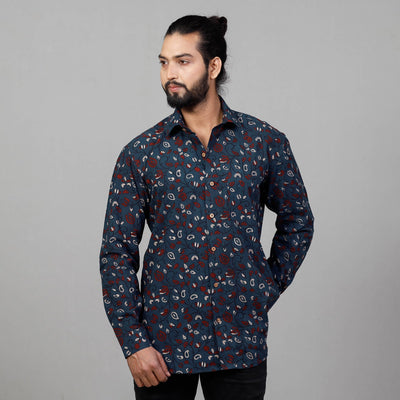 Blue - Ajrakh Block Printed Cotton Men Full Sleeve Shirt