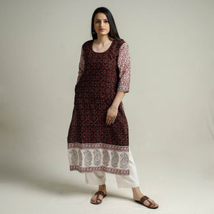 Brown - Block Print Cotton Straight Bagh Kurta