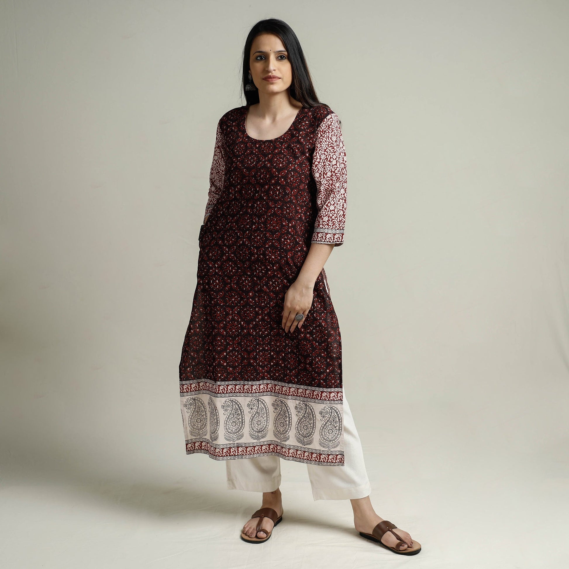 Brown - Block Print Cotton Straight Bagh Kurta