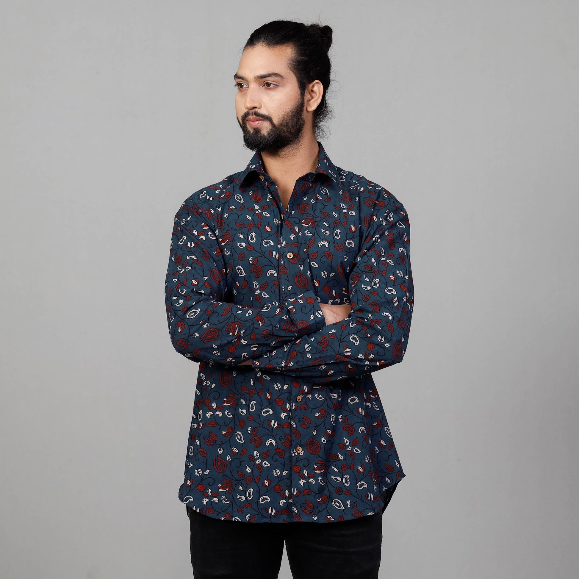 Blue - Ajrakh Block Printed Cotton Men Full Sleeve Shirt