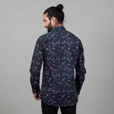 Blue - Ajrakh Block Printed Cotton Men Full Sleeve Shirt