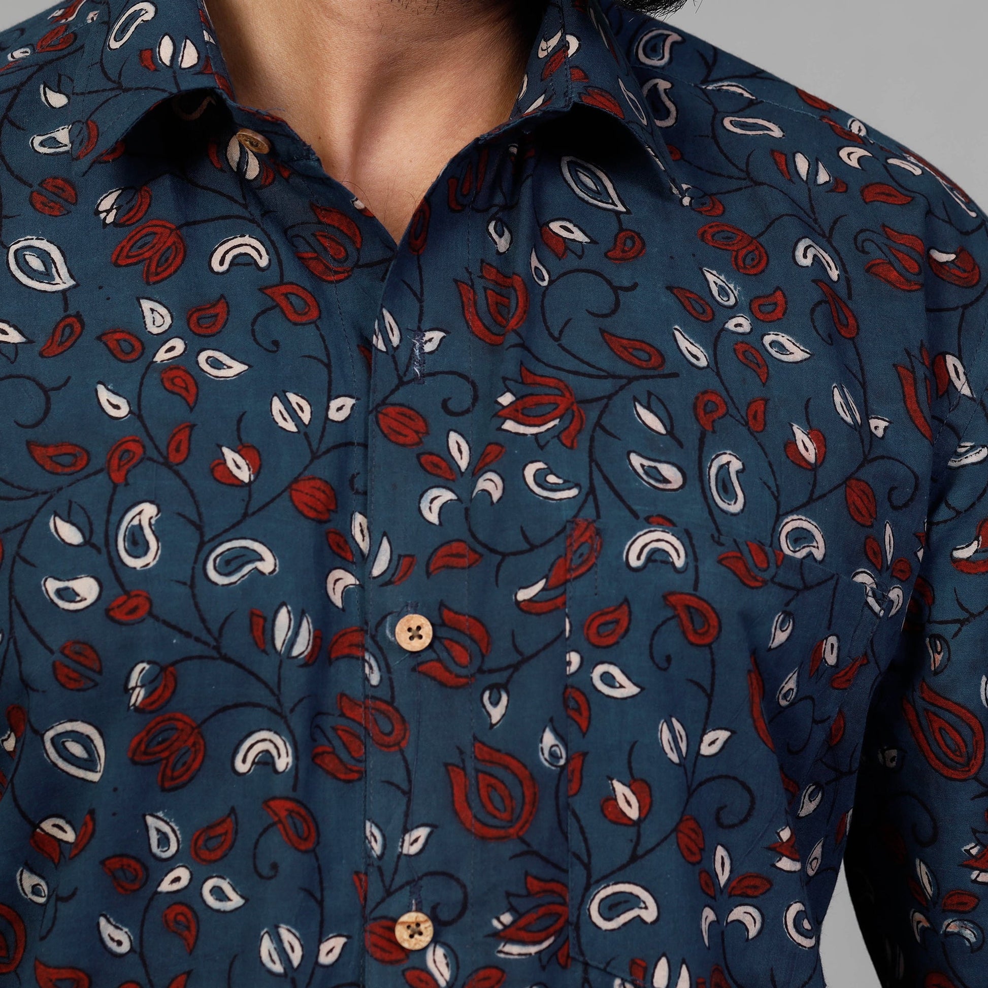 Blue - Ajrakh Block Printed Cotton Men Full Sleeve Shirt