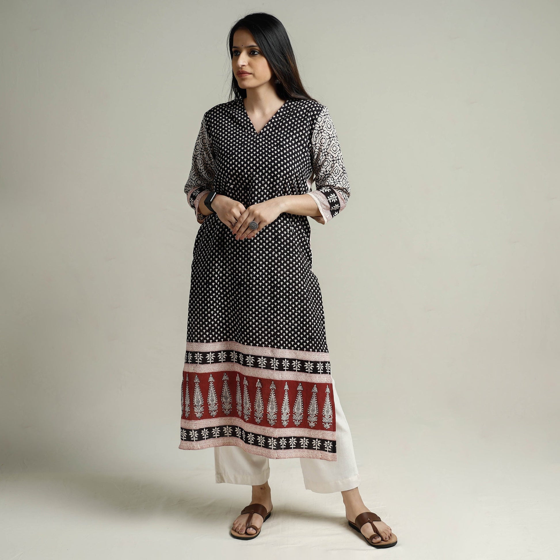 Black - Block Print Cotton Straight Bagh Kurta