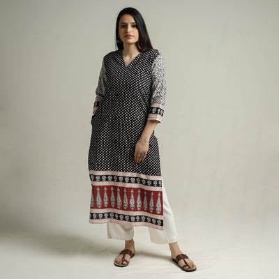 Black - Block Print Cotton Straight Bagh Kurta