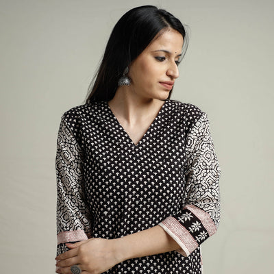 Black - Block Print Cotton Straight Bagh Kurta