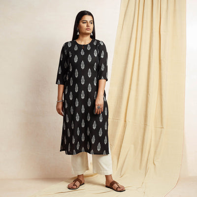 Black - Pochampally Ikat Weave Cotton Long Straight Kurta