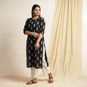 Black - Pochampally Ikat Weave Cotton Long Straight Kurta