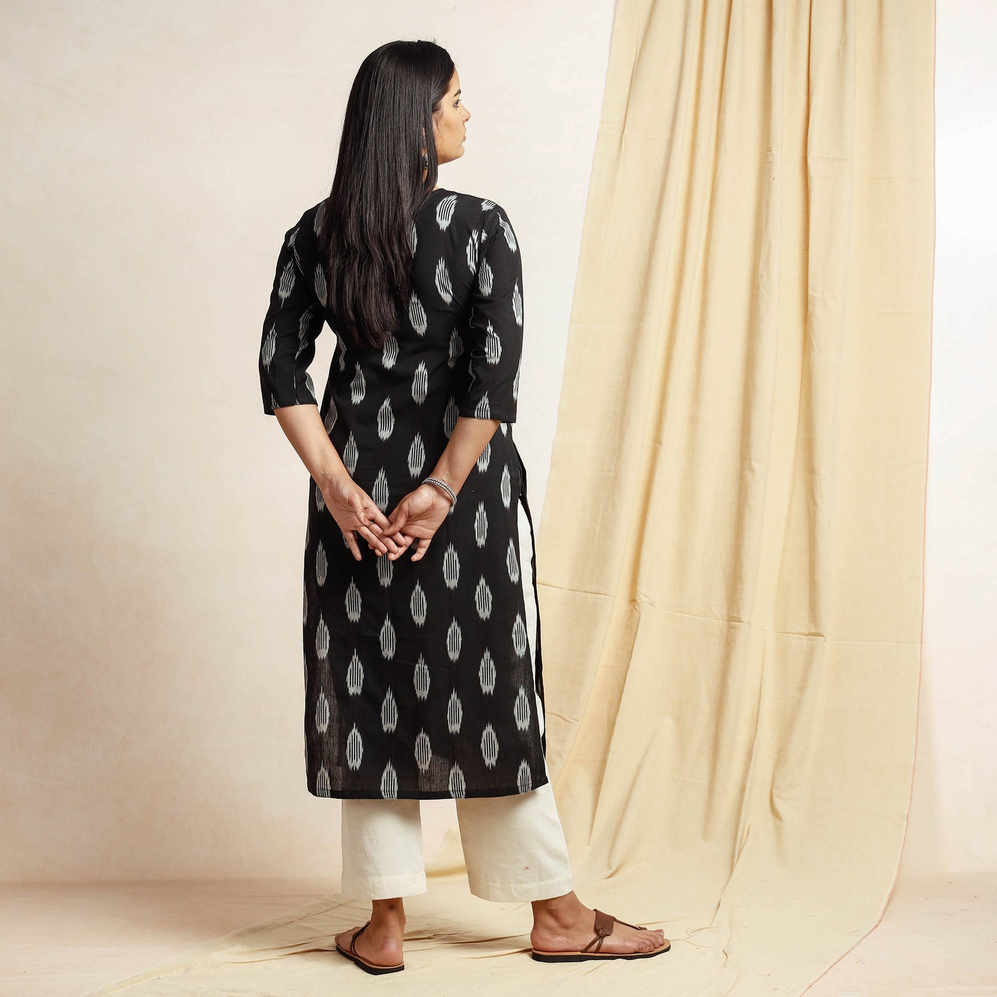 Black - Pochampally Ikat Weave Cotton Long Straight Kurta
