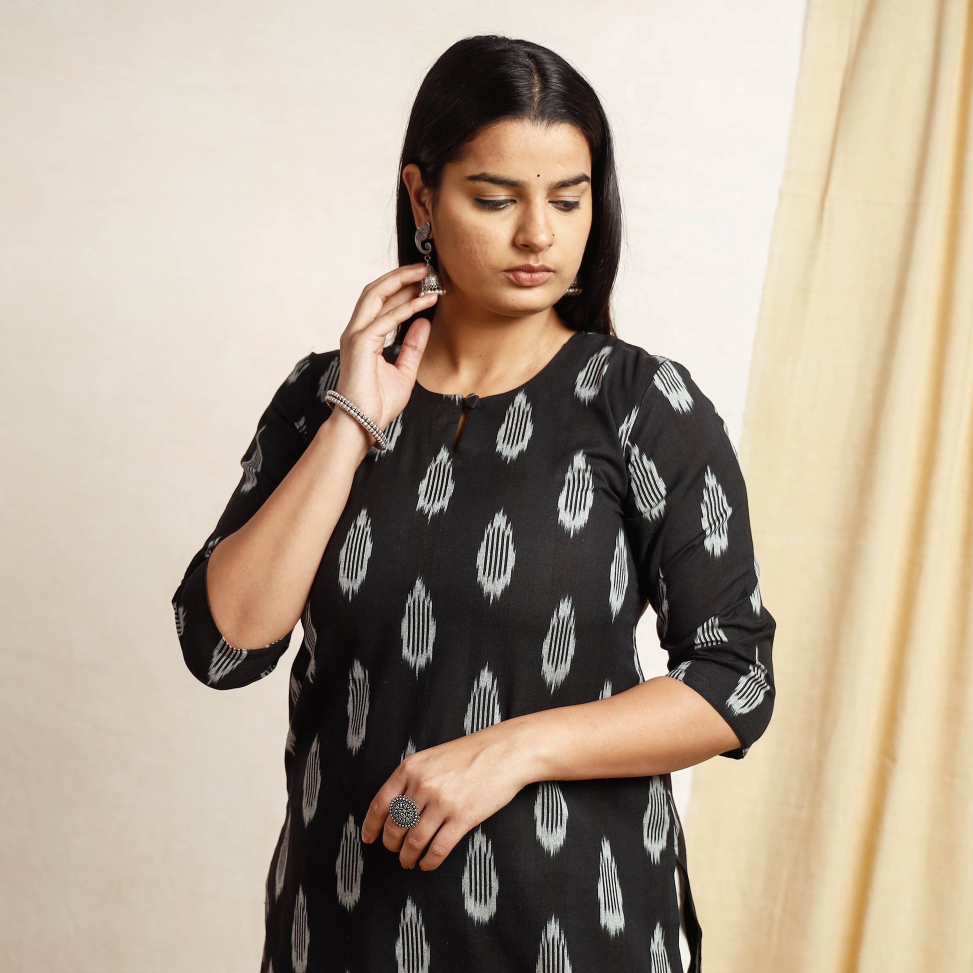 Black - Pochampally Ikat Weave Cotton Long Straight Kurta