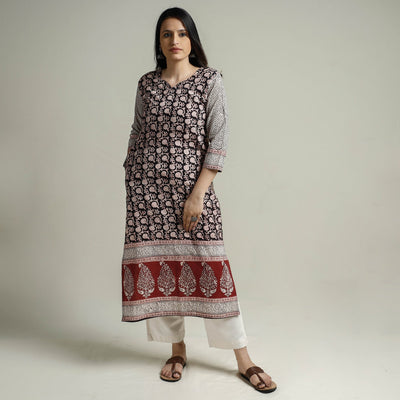 Black - Block Print Cotton Straight Bagh Kurta