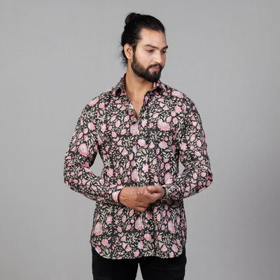 Black & Pink - Sanganeri Block Printing Cotton Men Full Sleeve Shirt