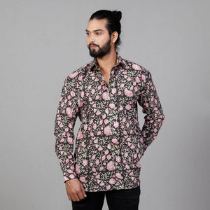 Black & Pink - Sanganeri Block Printing Cotton Men Full Sleeve Shirt