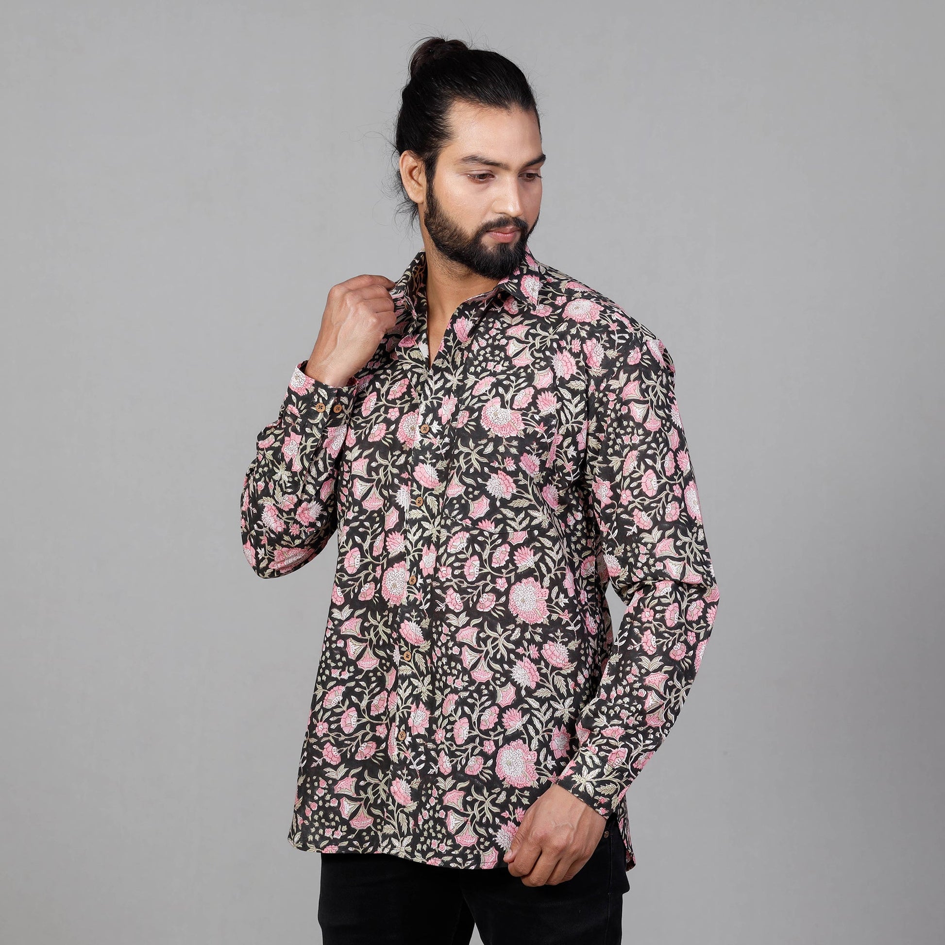 Black & Pink - Sanganeri Block Printing Cotton Men Full Sleeve Shirt