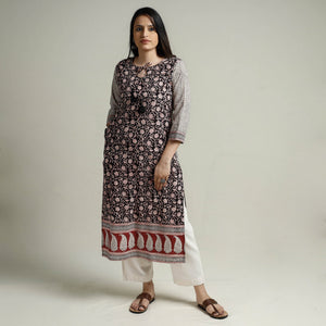 Black - Block Print Cotton Straight Bagh Kurta