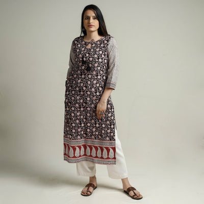 Black - Block Print Cotton Straight Bagh Kurta
