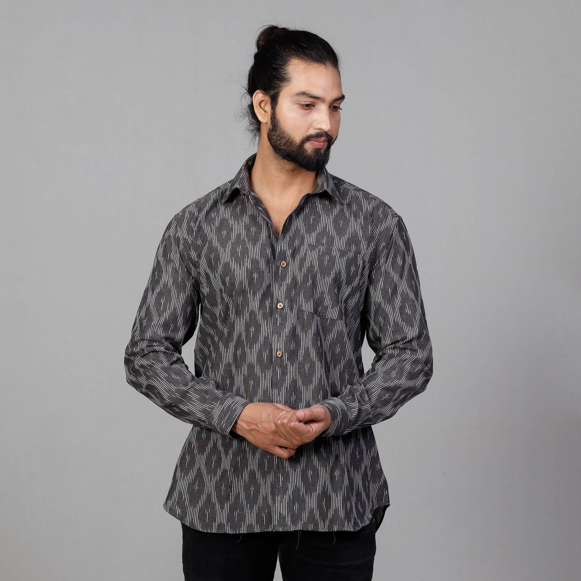 Black - Pochampally Ikat Cotton Men Full Sleeve Shirt
