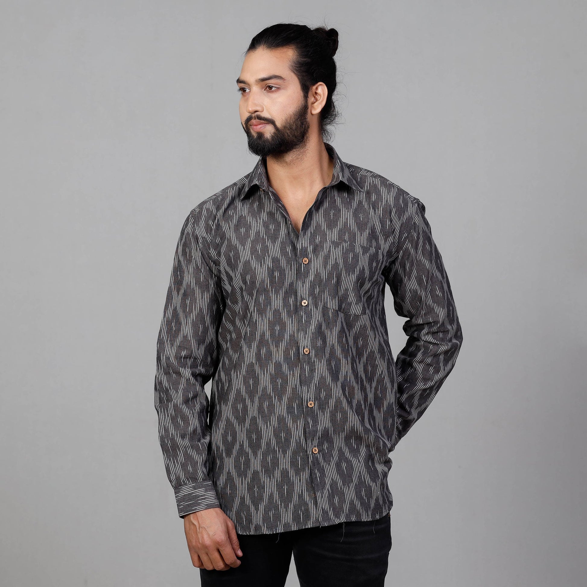 Black - Pochampally Ikat Cotton Men Full Sleeve Shirt