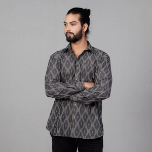 Black - Pochampally Ikat Cotton Men Full Sleeve Shirt