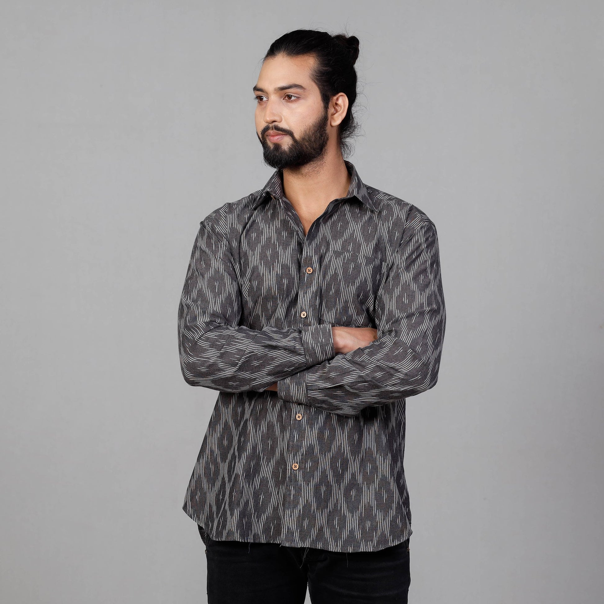 Black - Pochampally Ikat Cotton Men Full Sleeve Shirt