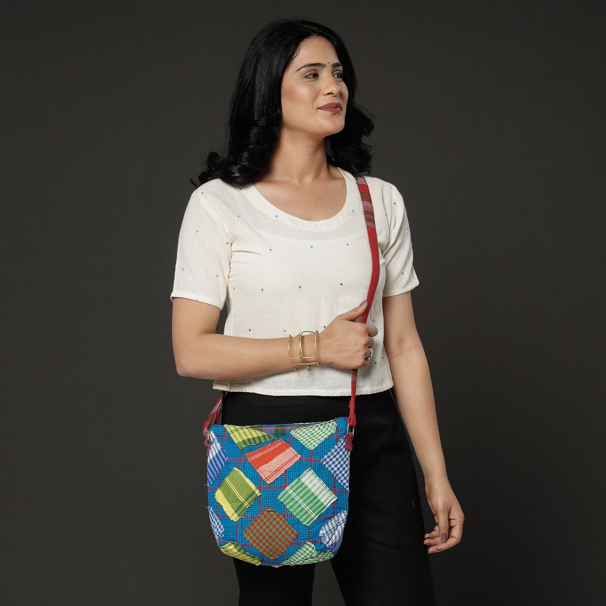 Blue - Gamcha Fabric Hand Embroidered Sling Bag