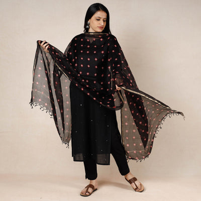 Black - Bandhani Tie-Dye Kota Doria Silk Dupatta with Tassels