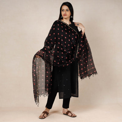 Black - Bandhani Tie-Dye Kota Doria Silk Dupatta with Tassels