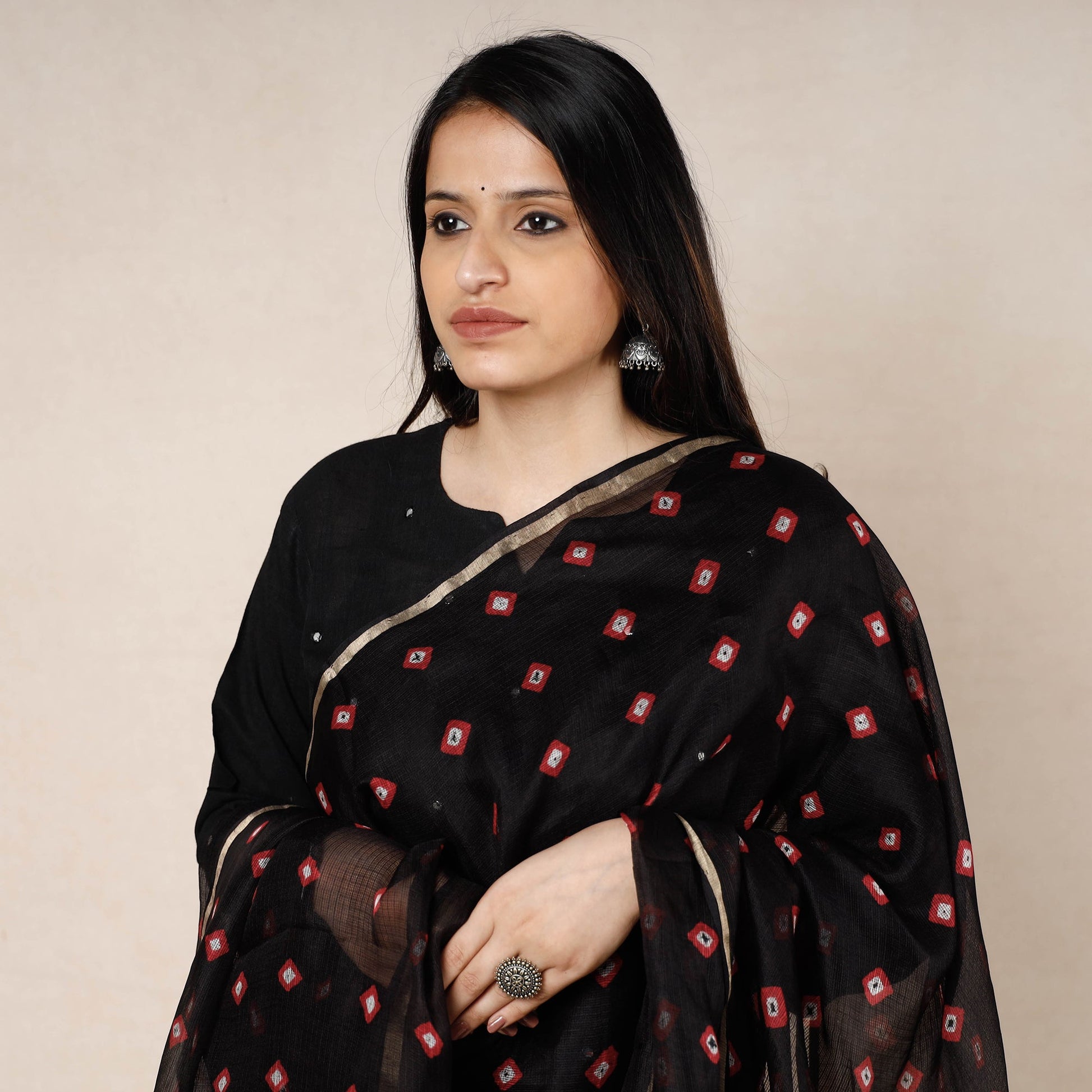 Black - Bandhani Tie-Dye Kota Doria Silk Dupatta with Tassels