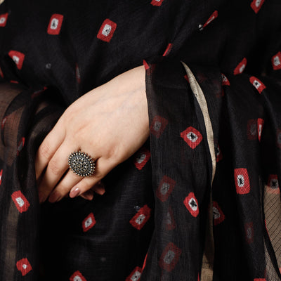 Black - Bandhani Tie-Dye Kota Doria Silk Dupatta with Tassels