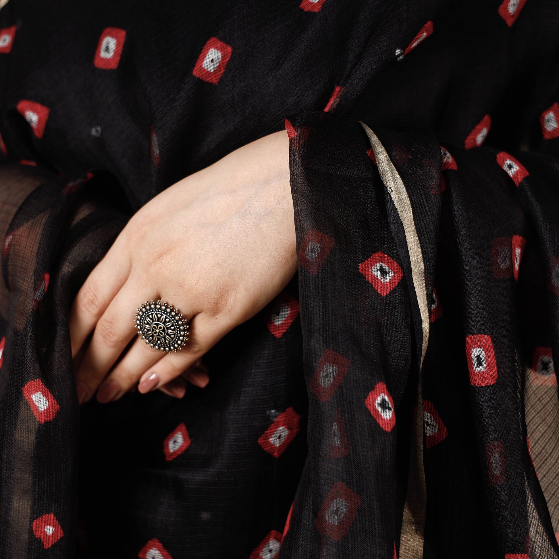 Black - Bandhani Tie-Dye Kota Doria Silk Dupatta with Tassels