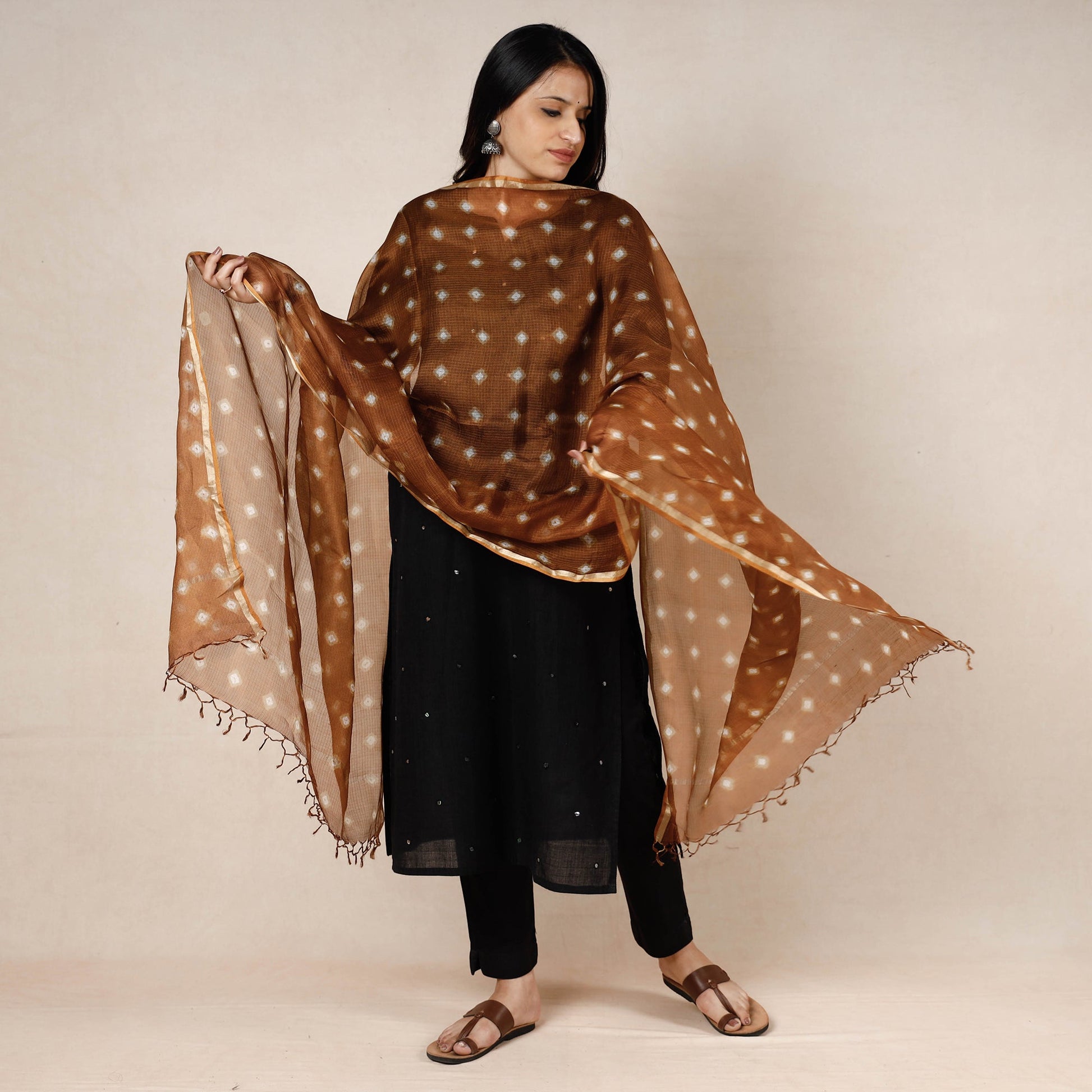 Brown - Bandhani Tie-Dye Kota Doria Silk Dupatta with Tassels