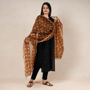 Brown - Bandhani Tie-Dye Kota Doria Silk Dupatta with Tassels