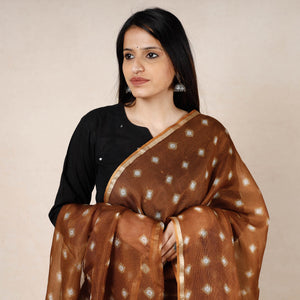 Brown - Bandhani Tie-Dye Kota Doria Silk Dupatta with Tassels