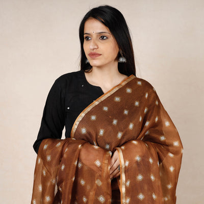 Brown - Bandhani Tie-Dye Kota Doria Silk Dupatta with Tassels