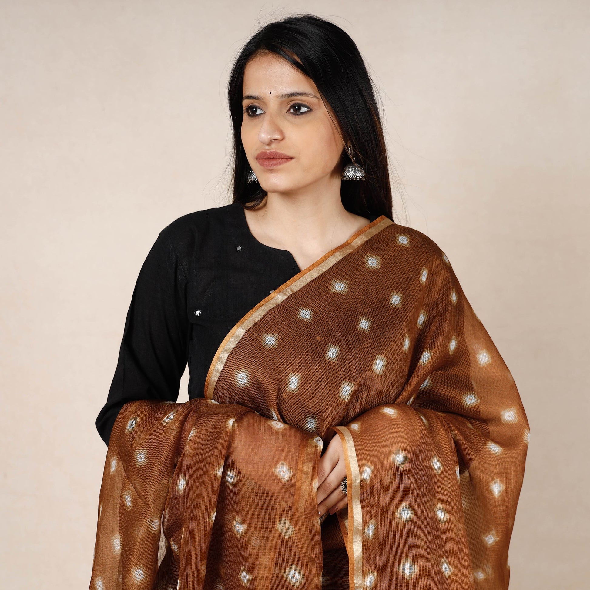 Brown - Bandhani Tie-Dye Kota Doria Silk Dupatta with Tassels