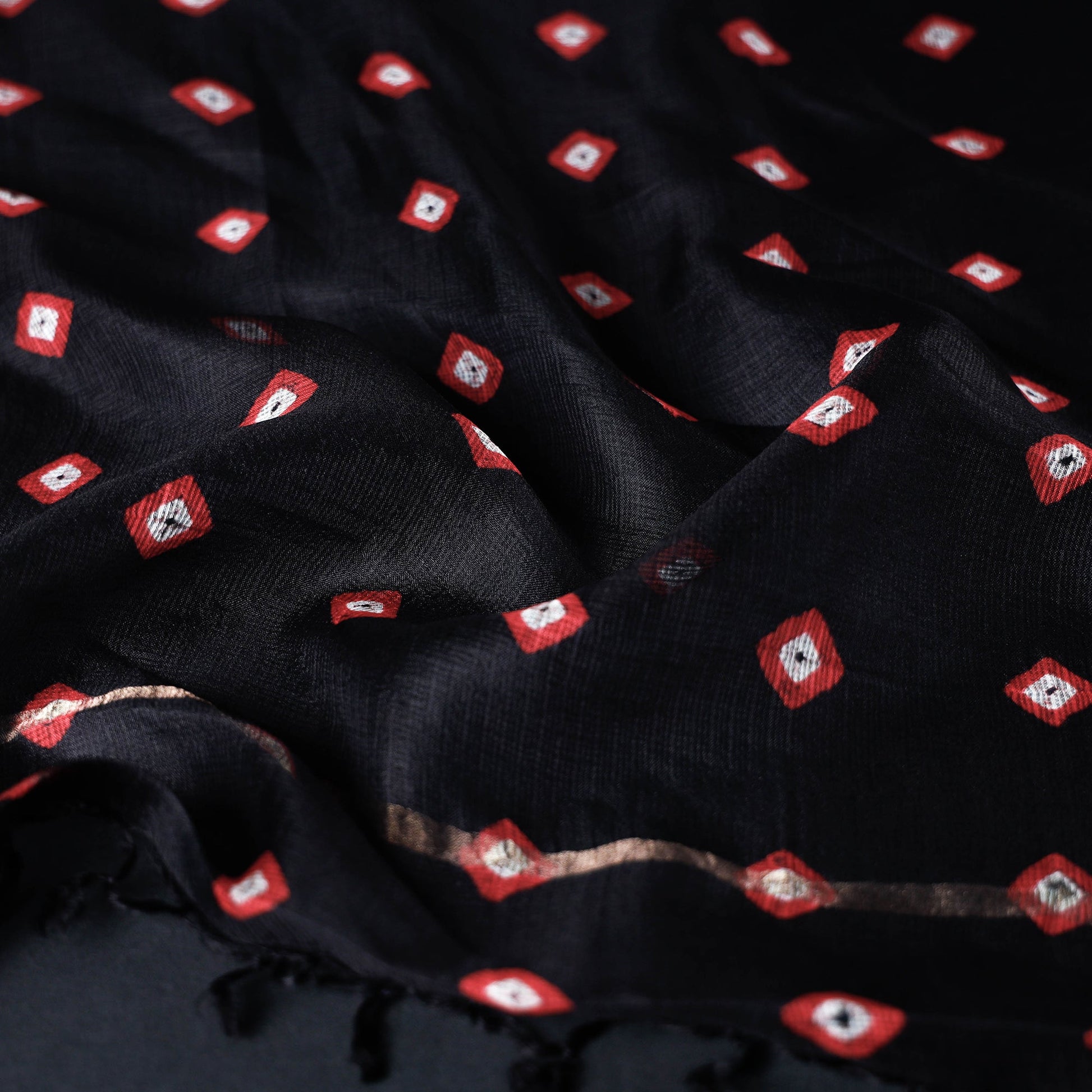 Black - Bandhani Tie-Dye Kota Doria Silk Dupatta with Tassels