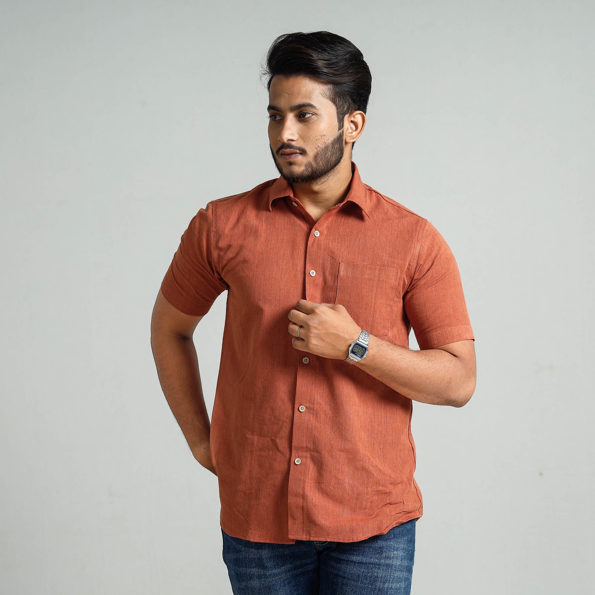 Brown - Plain Handloom Cotton Men Half Sleeve Shirt