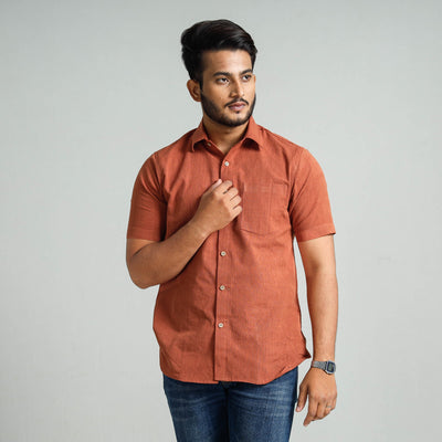 Brown - Plain Handloom Cotton Men Half Sleeve Shirt