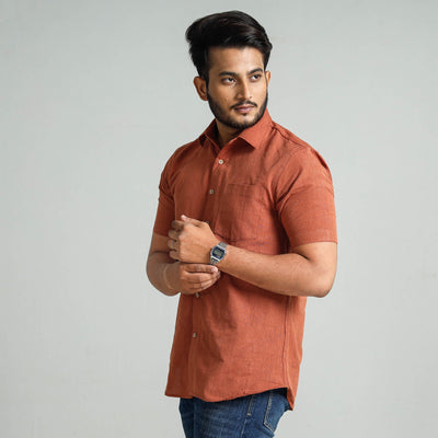Brown - Plain Handloom Cotton Men Half Sleeve Shirt