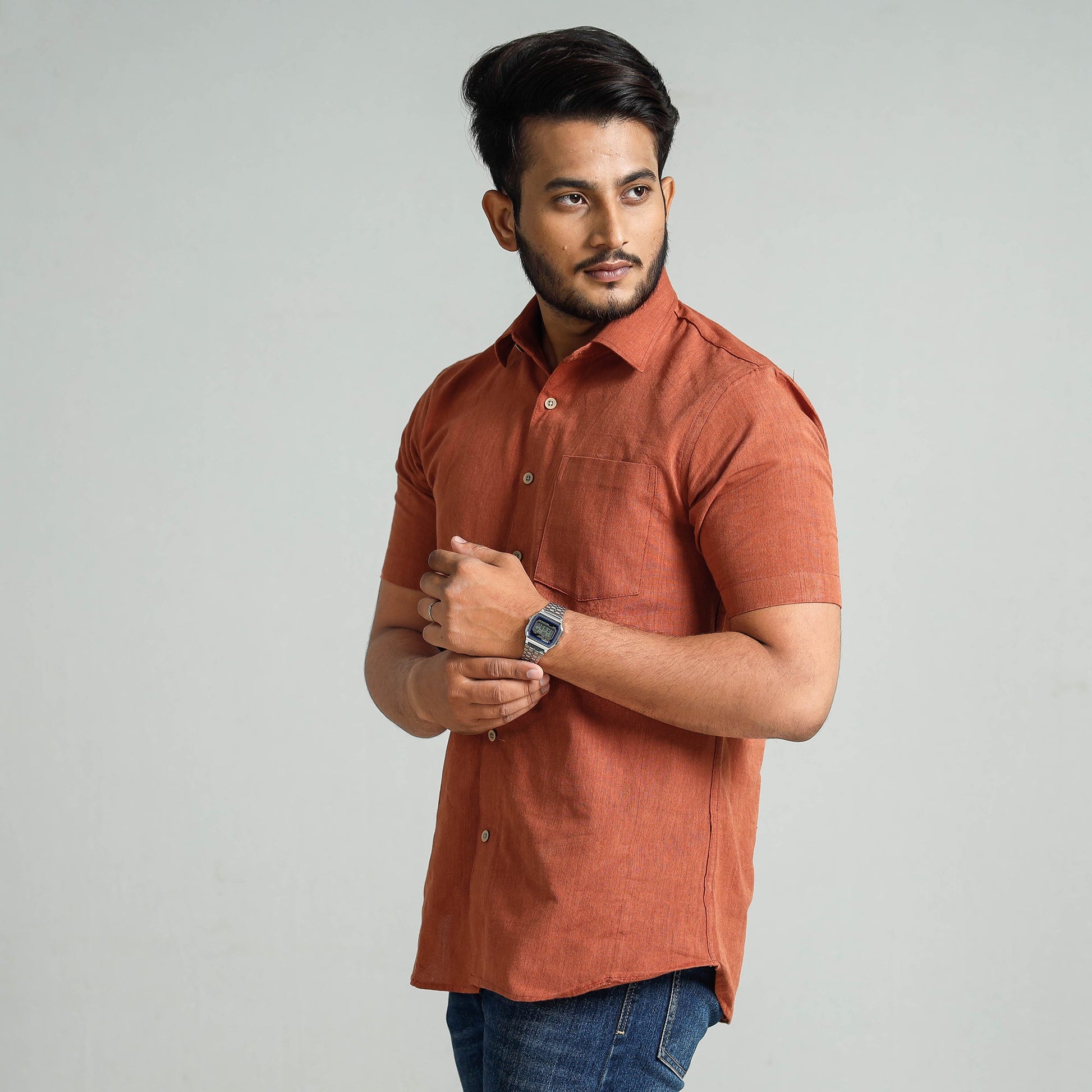 Brown - Plain Handloom Cotton Men Half Sleeve Shirt